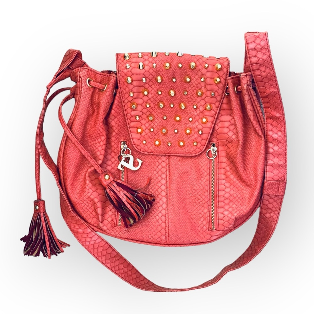 SuperTrash large salmon crocodile gold hardware satchel